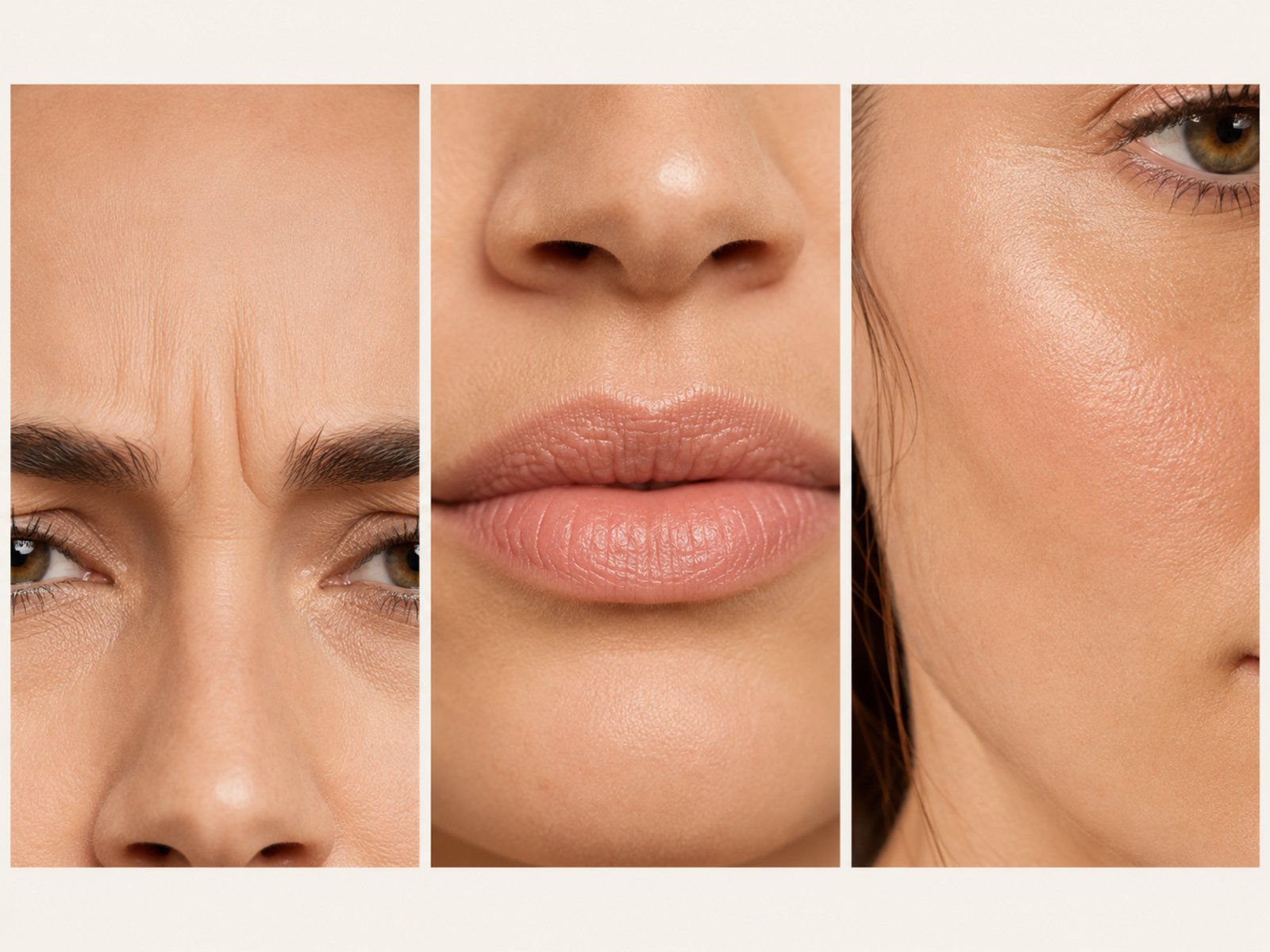 Three close-ups: a gently furrowed brow, soft natural lips, and cheek skin texture in raking light