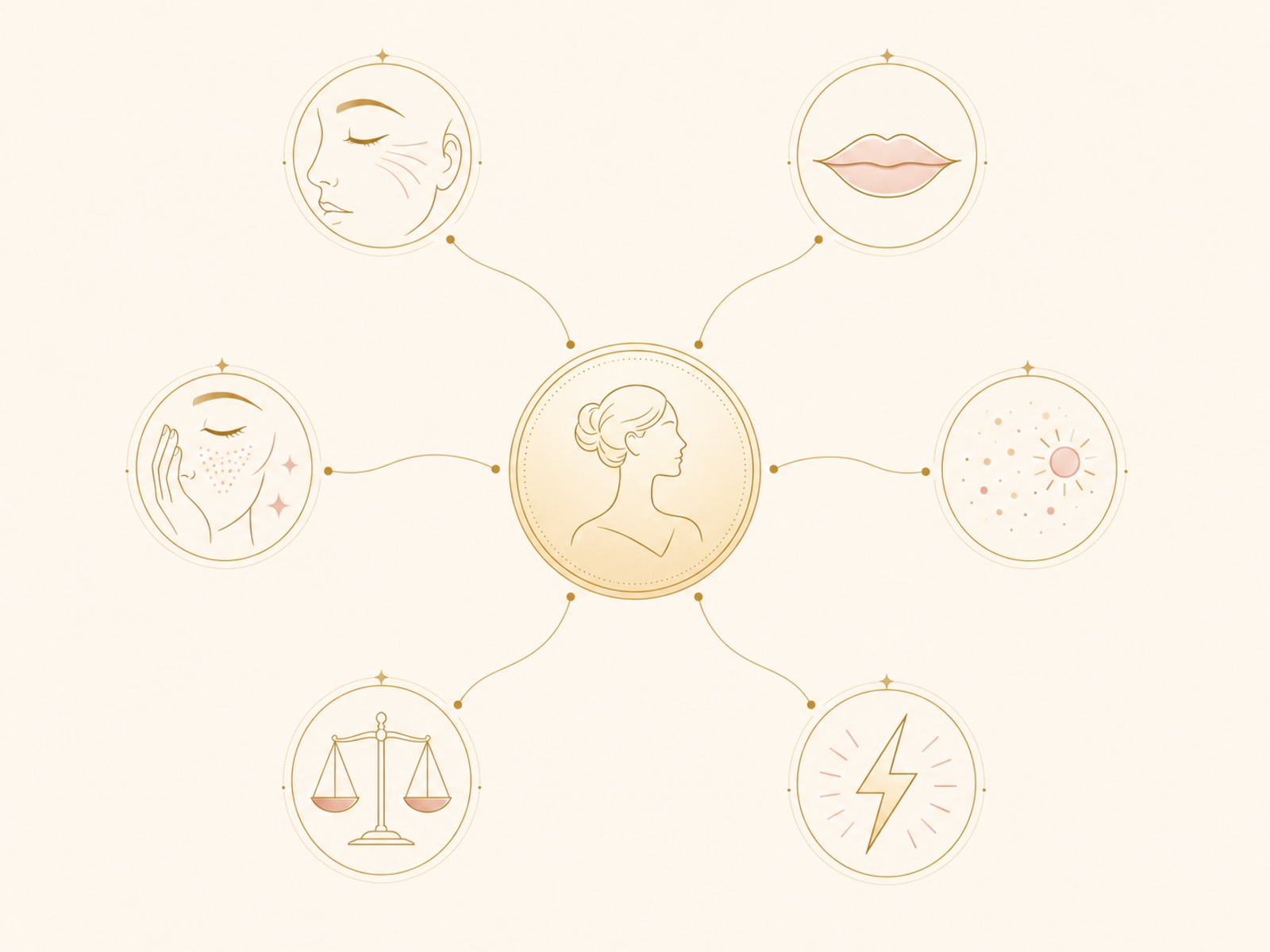Map connecting six aesthetic goals to a single consultation starting point