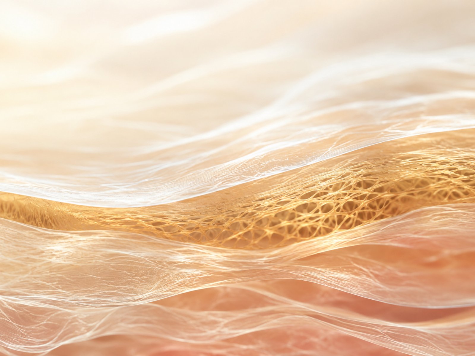 Abstract visual of collagen fibers rebuilding in warm ivory and gold tones