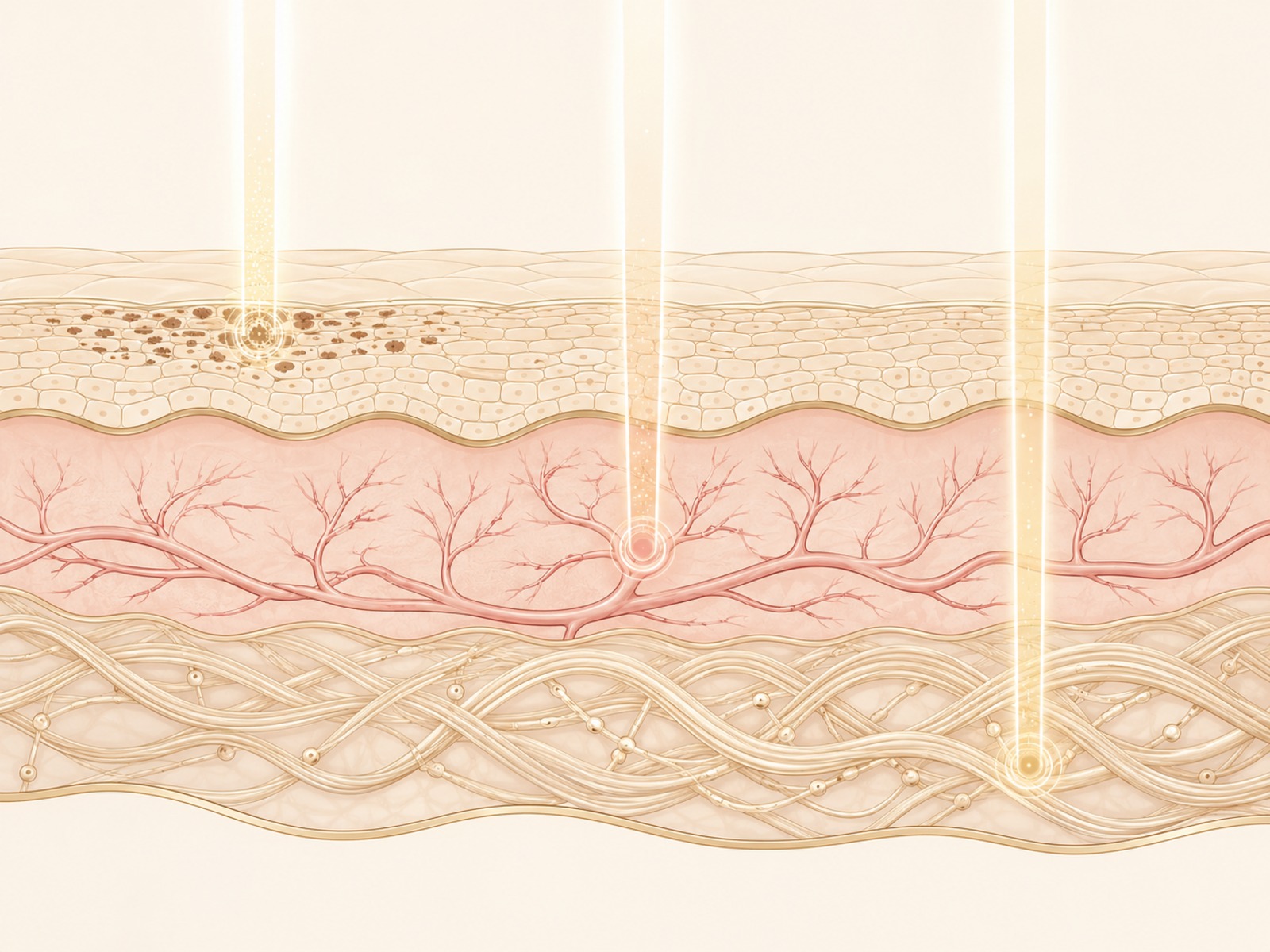 Diagram of three skin layers showing what light-based treatments reach at each depth — pigment near the surface, vessels in the middle, collagen below