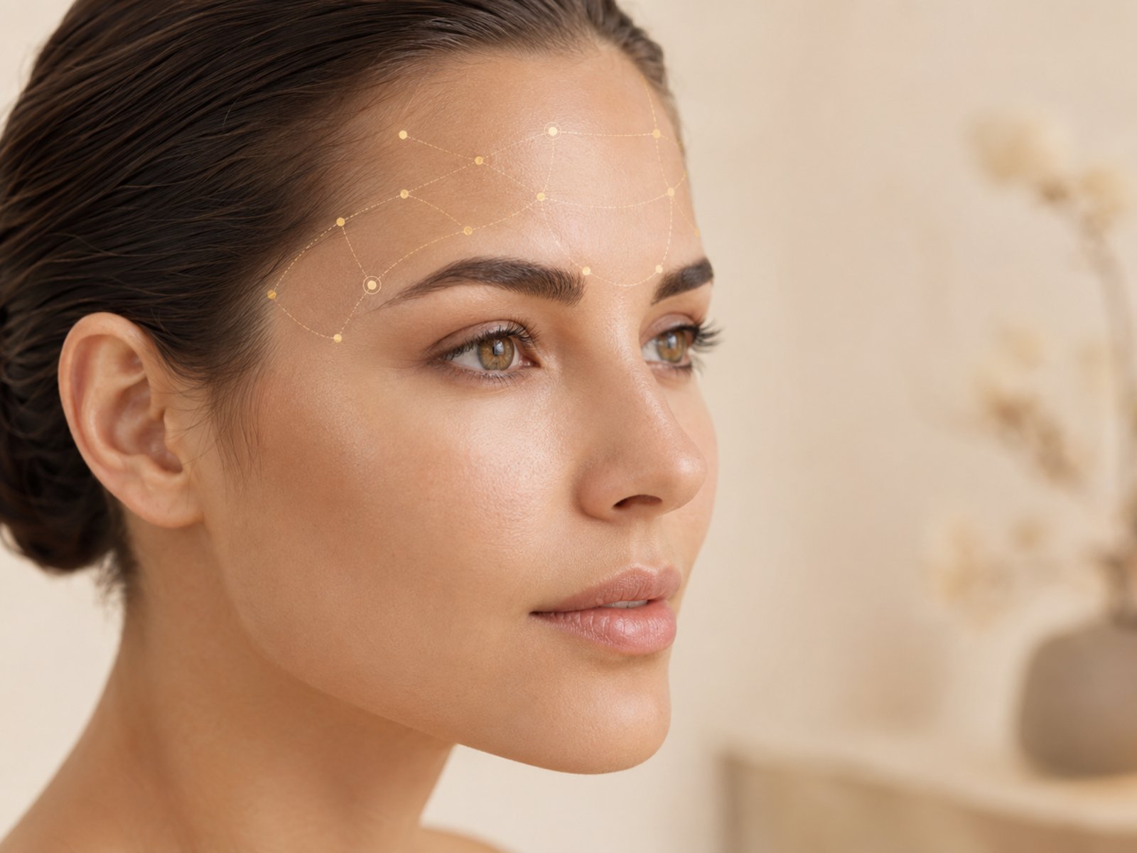 Woman's face in soft profile with delicate gold dose-mapping dots across the forehead and brow