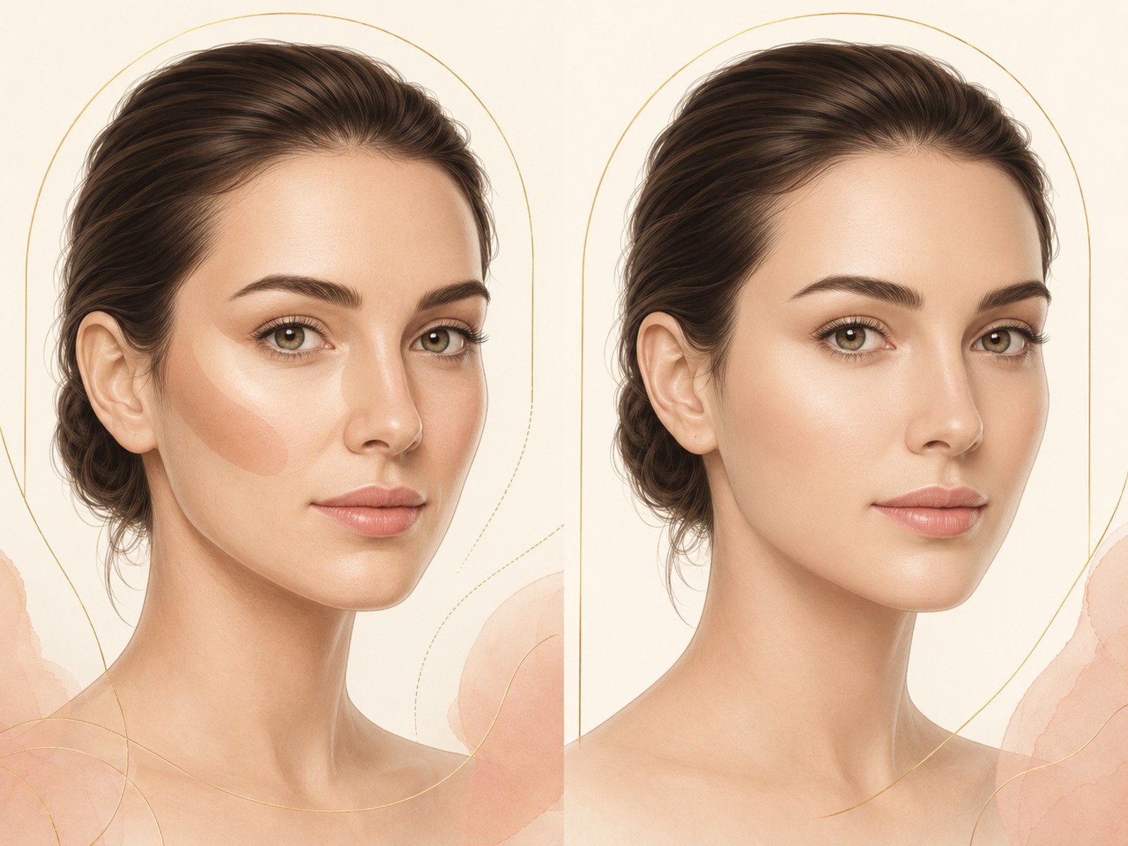 Side-by-side illustration: a face with natural light-and-shadow zones versus the same face over-volumized with those zones erased