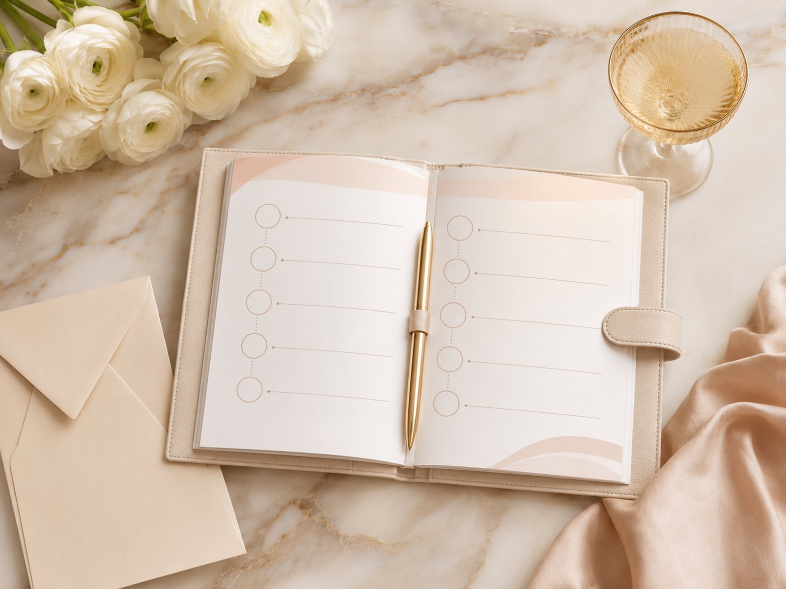 Cream leather planner with gold pen, champagne coupe, and white ranunculus on warm marble