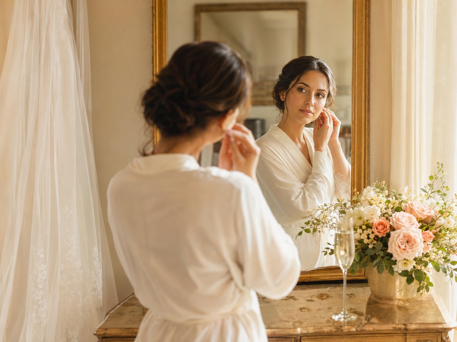 Bride in a white robe doing a final mirror check in golden window light